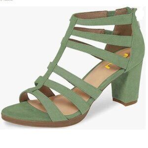 FSJ Green Chunky High Heel Open Toe T-Strap Cutout Dress Back Zipper Sandals